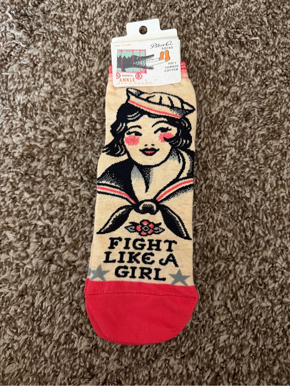 Blue Q Beige Ankle Socks with Red Toe - 'Fight Like a Girl' Sailor Graphic